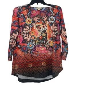 Boho Folk Art Cat Floral Tunic Top Artsy Teacher Whimsigoth Grandma Core M